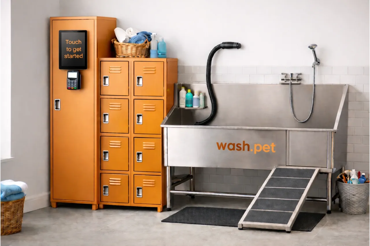 wash.pet station — touch screen kiosk and stainless steel tub