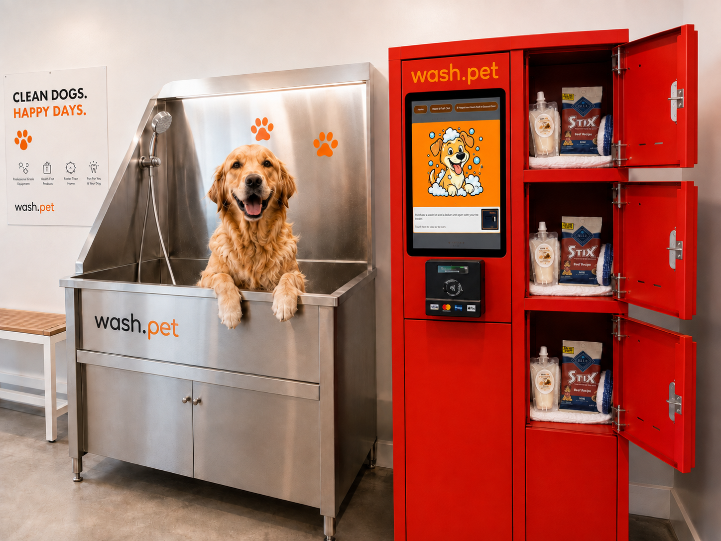 wash.pet kiosk and stainless tub